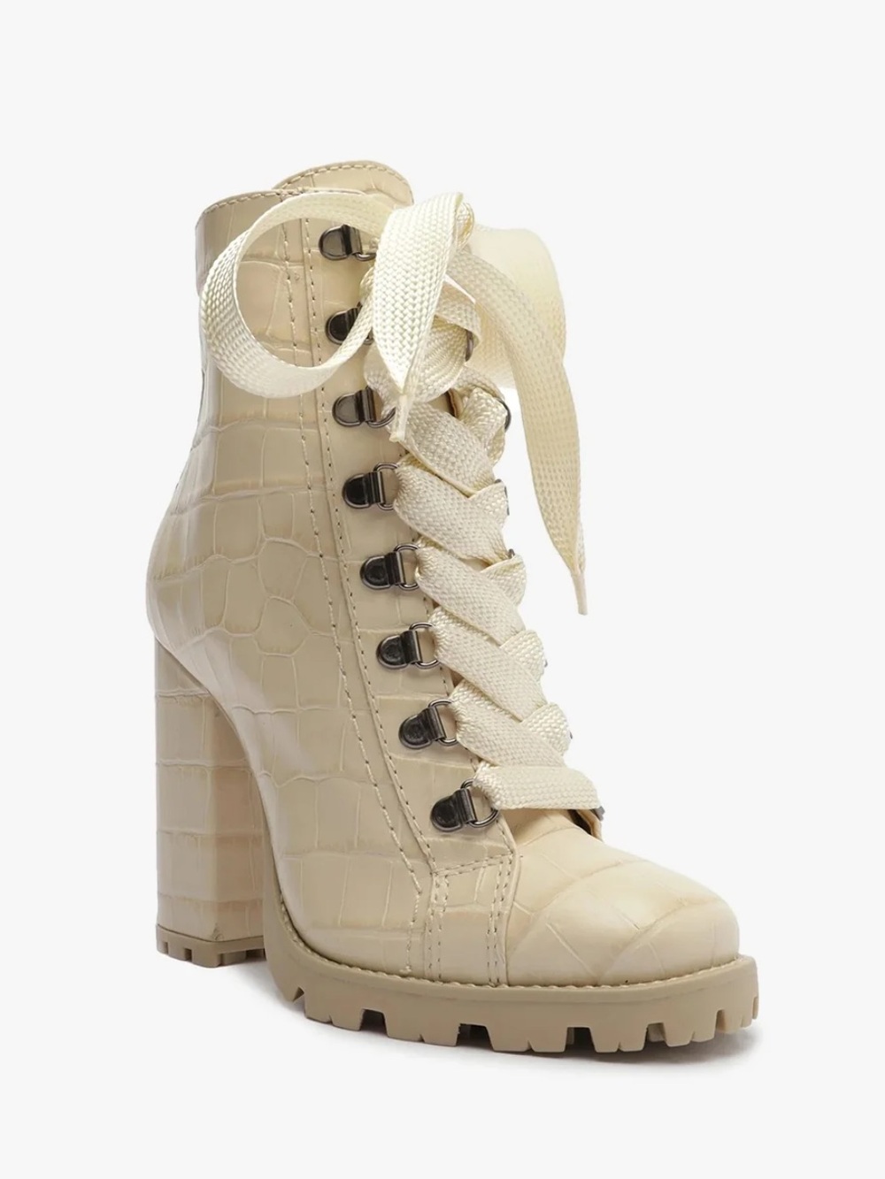 SCHUTZ Croc-Embossed Lace-Up Block Heel Boot in Cream - Picture 2 of 3